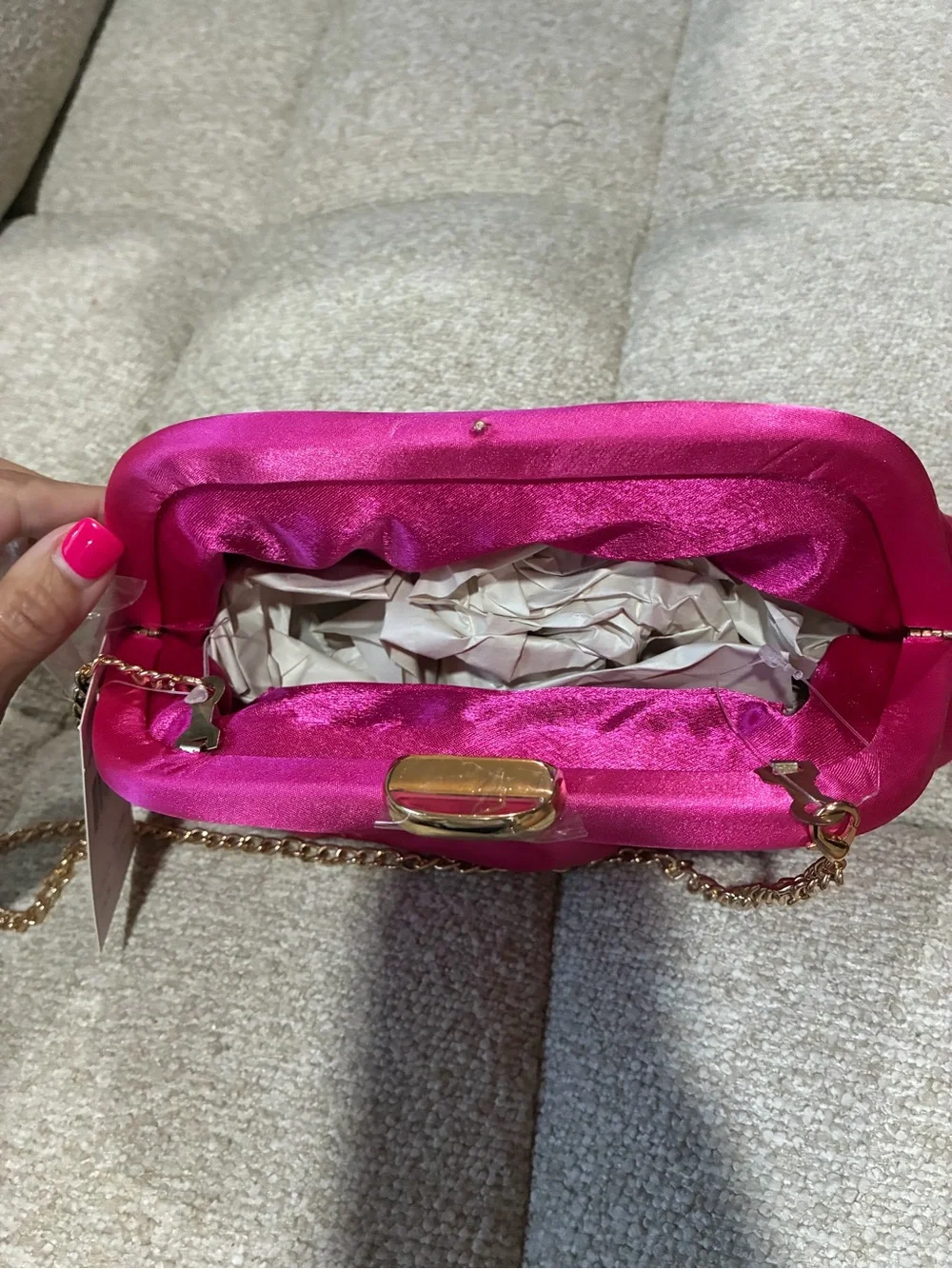 Hot Pink Satin Pleated Chain Clutch